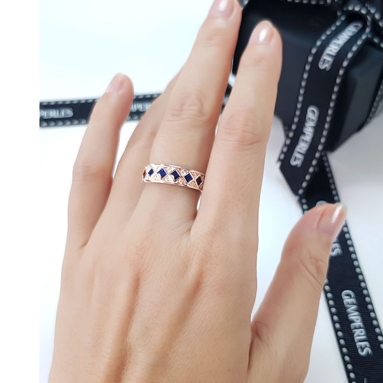 Bague saphir Dame de carreau -  Or rose, diamant - 6