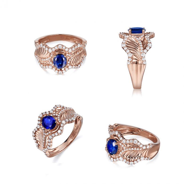 Bague floraison saphir ovale 1.10cts & diamants. Or rose - 8