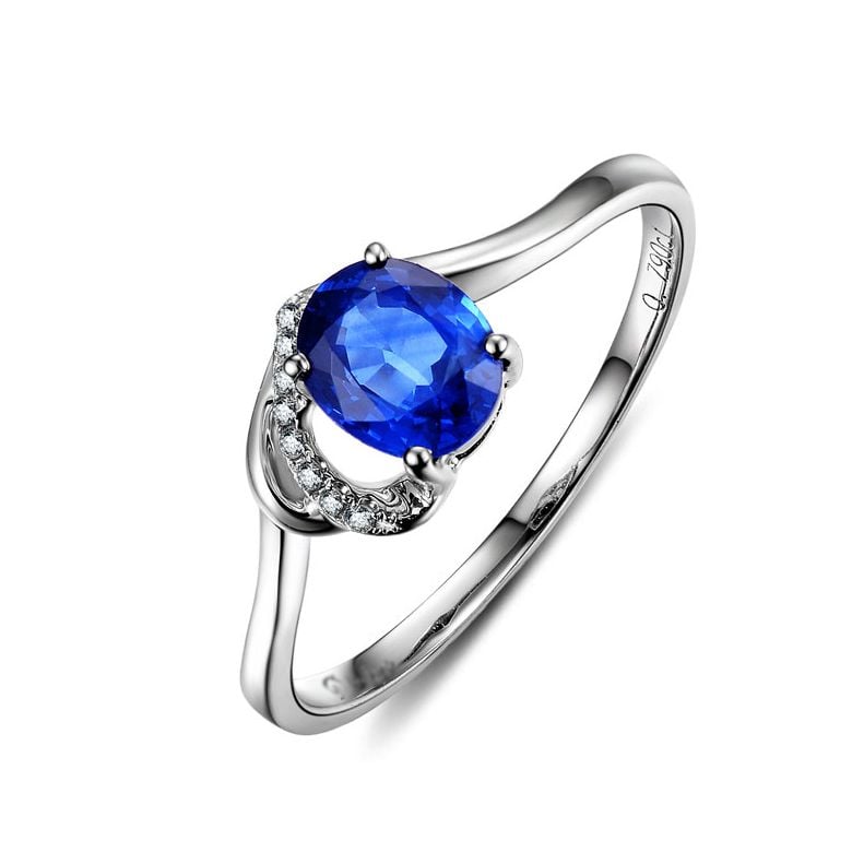 Bague Solitaire - Saphir et Diamants - Or blanc 18 carats - 1