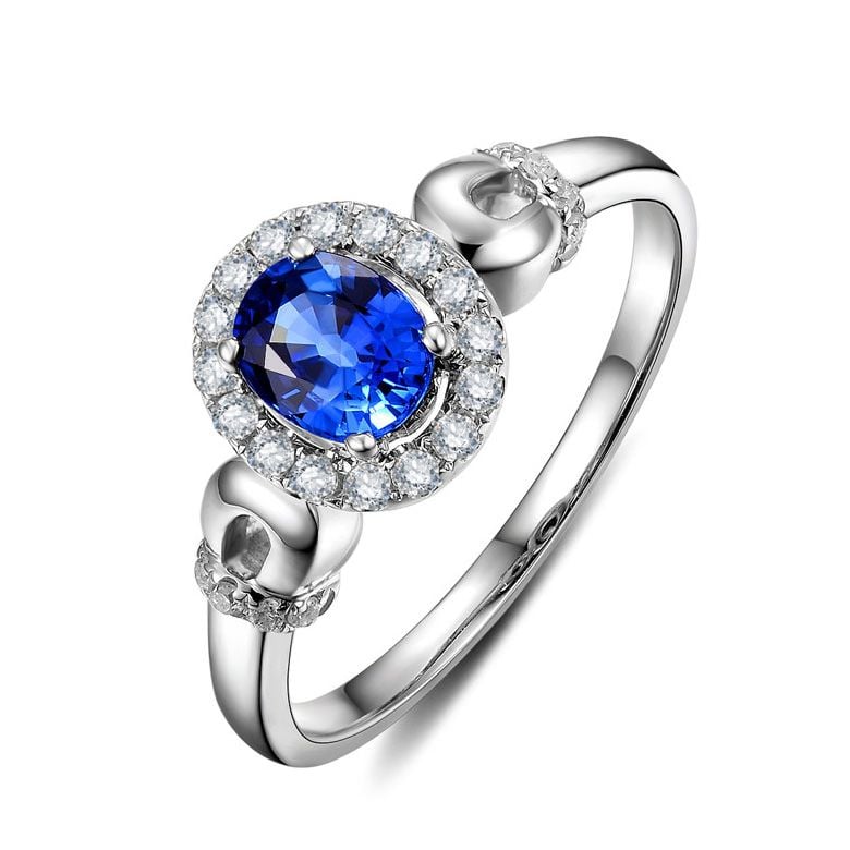 Solitaire en Saphir et Diamants - Bague en Or blanc 18 carats - 1