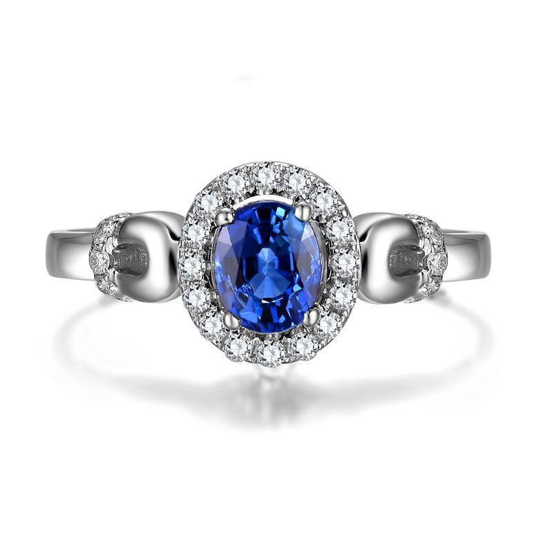 Solitaire en Saphir et Diamants - Bague en Or blanc 18 carats - 5