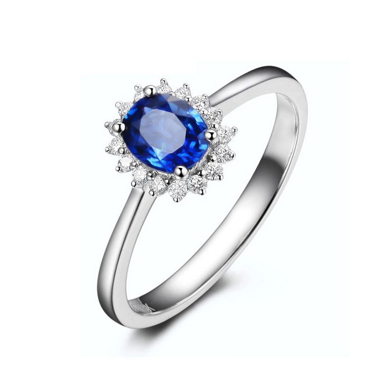 Bague Saphir ovale et diamants - Or blanc 18 carats - 1