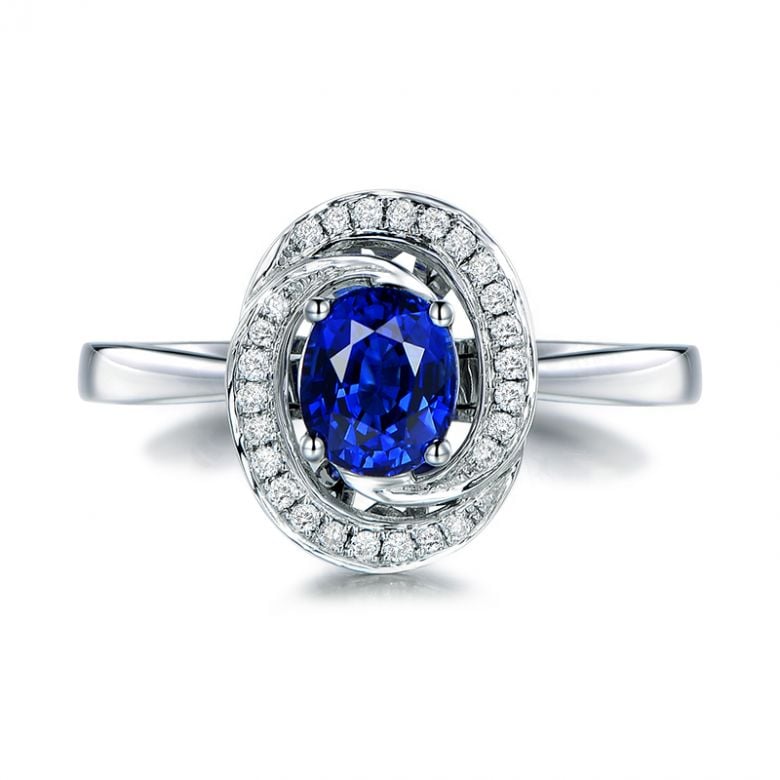 Bague saphir bleu. Or blanc, diamants myriade - 1