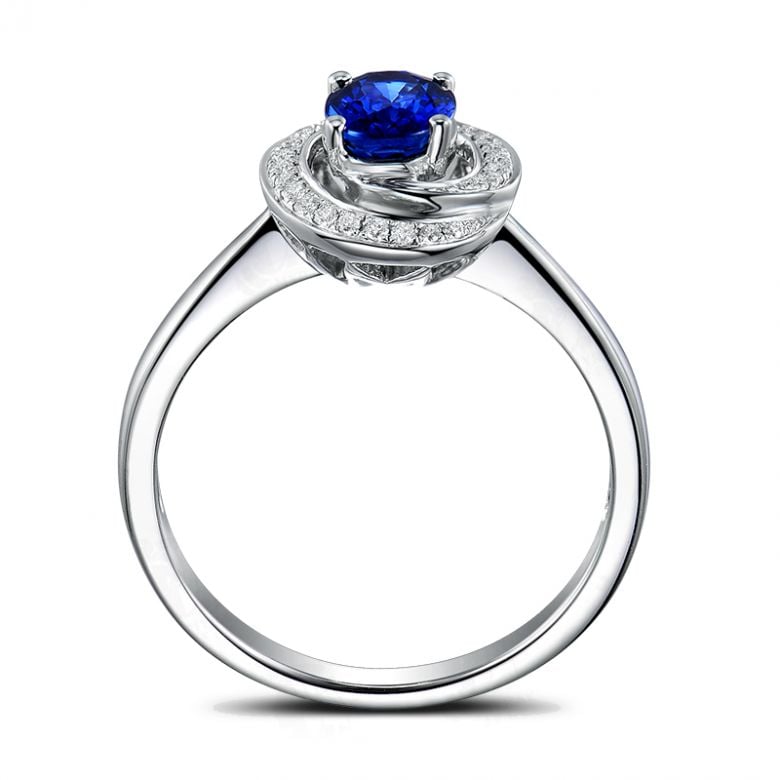 Bague saphir bleu. Or blanc, diamants myriade - 6