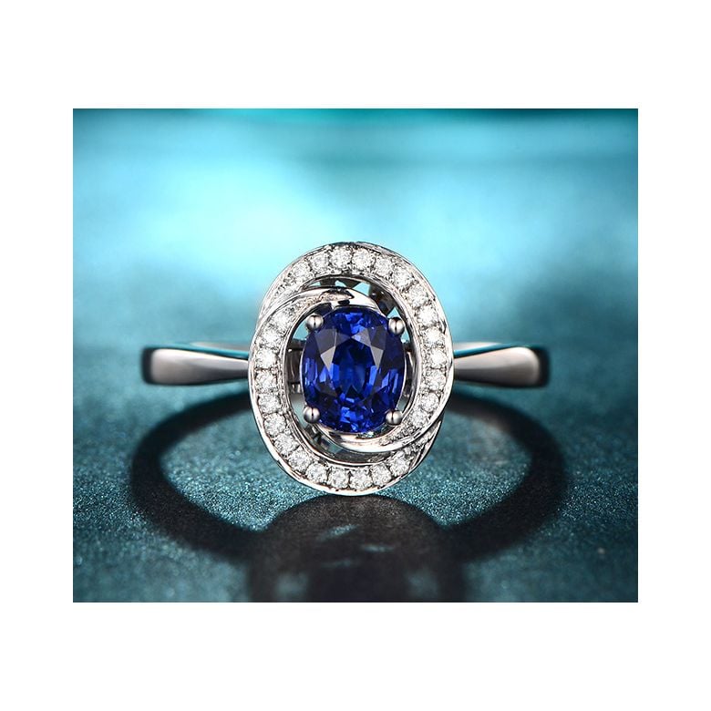 Bague saphir bleu. Or blanc, diamants myriade - 10