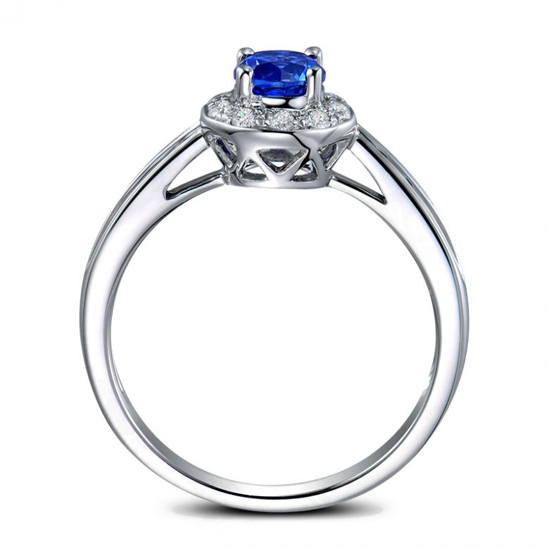 Bague fiançailles solitaire. Saphir bleu Or blanc et diamants - 1