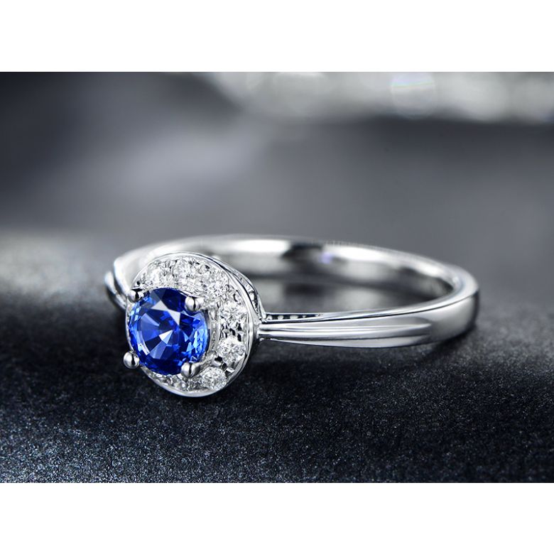 Bague fiançailles solitaire. Saphir bleu Or blanc et diamants - 4