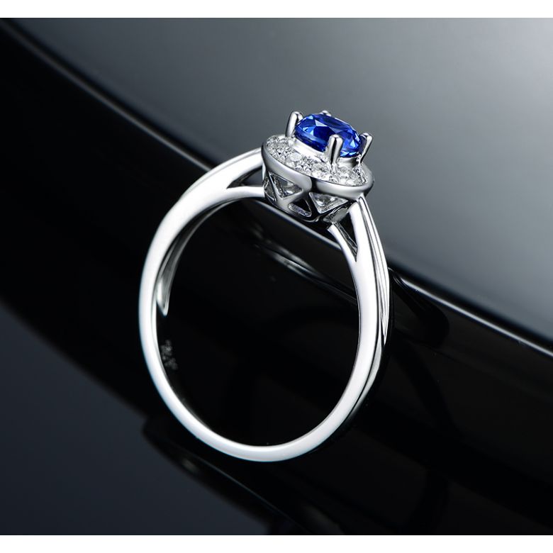 Bague fiançailles solitaire. Saphir bleu Or blanc et diamants - 5