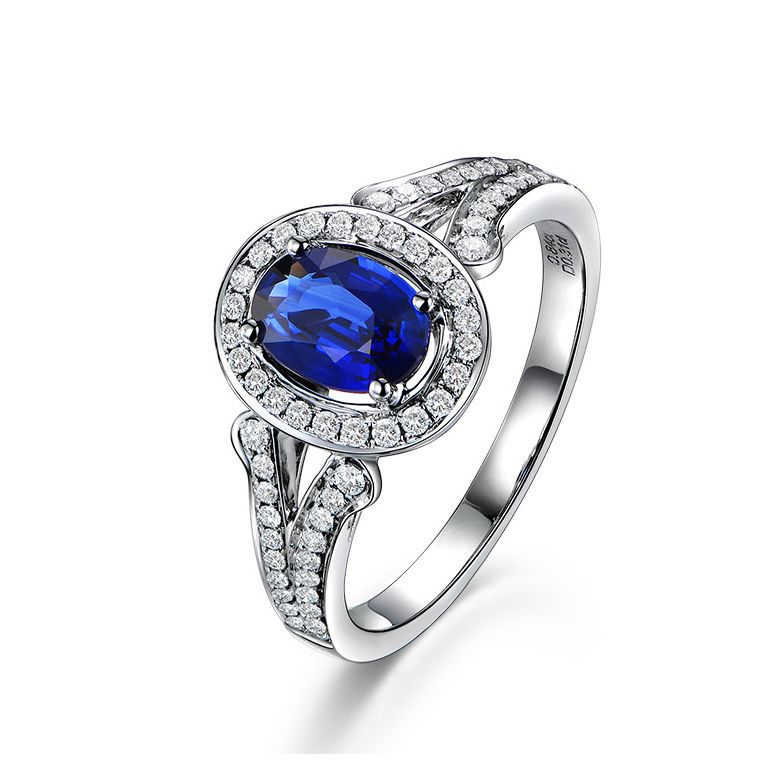 Bague fiançaille saphir ovale 1 carat. Or blanc. Pavage diamants - 1