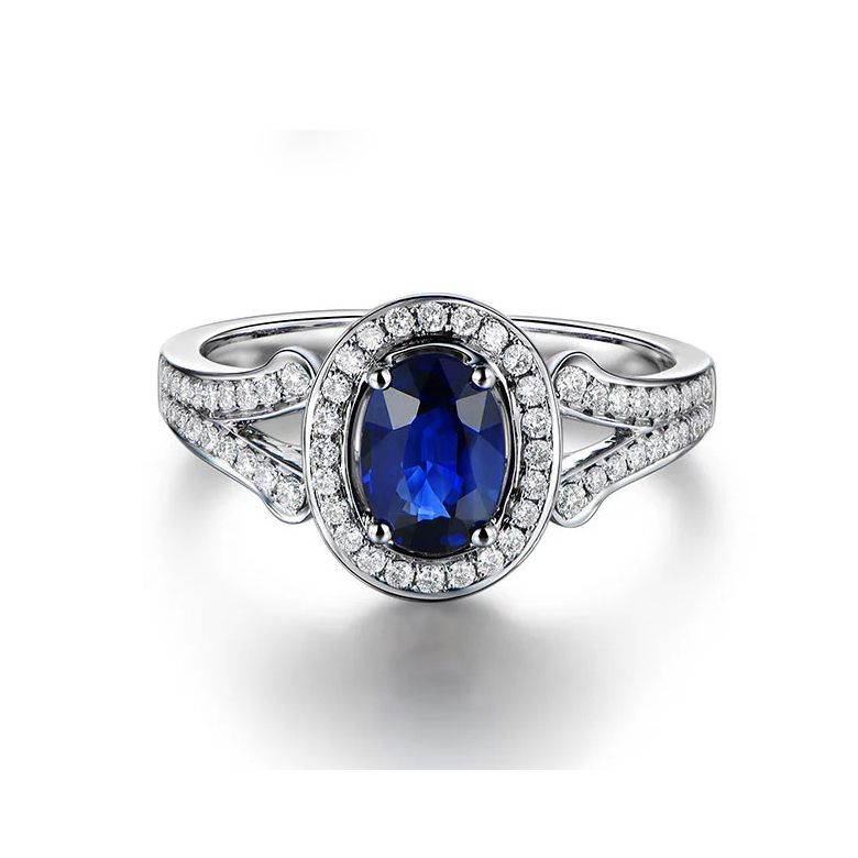 Bague fiançaille saphir ovale 1 carat. Or blanc. Pavage diamants - 4