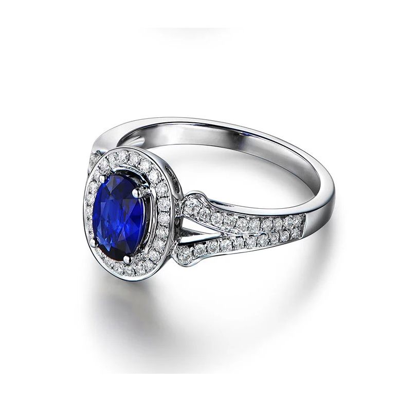 Bague fiançaille saphir ovale 1 carat. Or blanc. Pavage diamants - 5