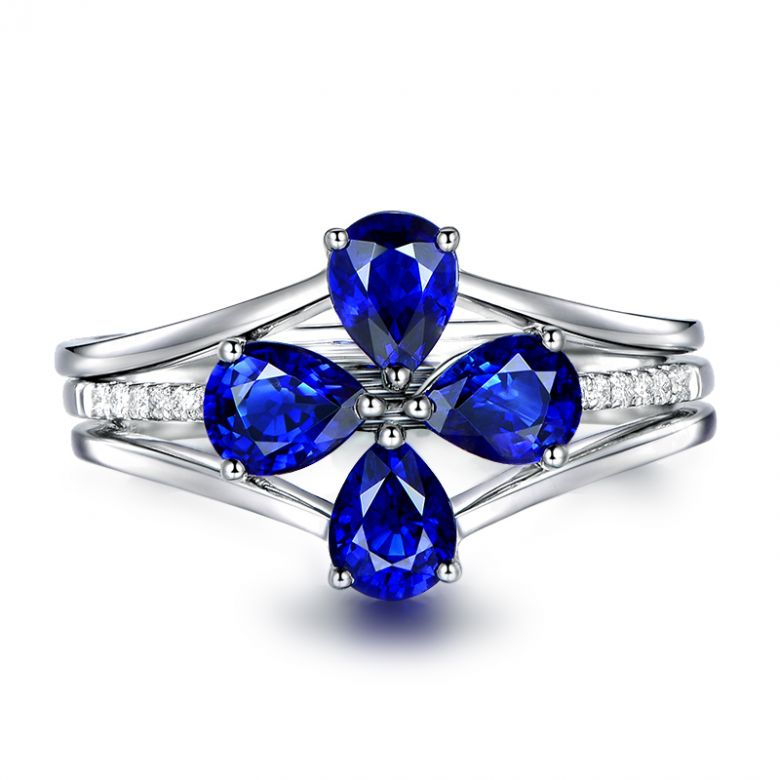 Bague solitaire saphirs fleur et Or blanc. Linéaire diamants - 3