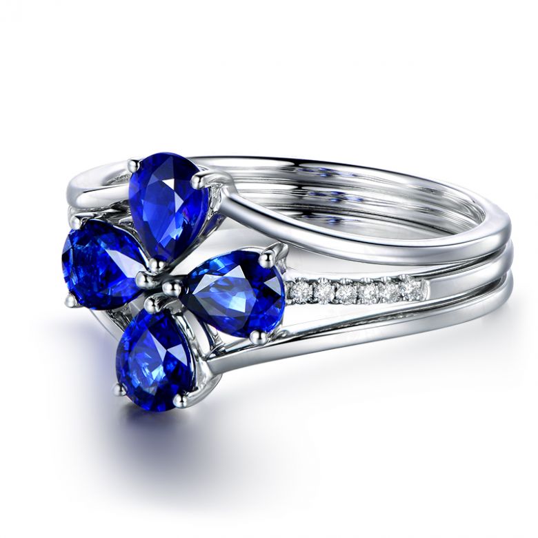 Bague solitaire saphirs fleur et Or blanc. Linéaire diamants - 8