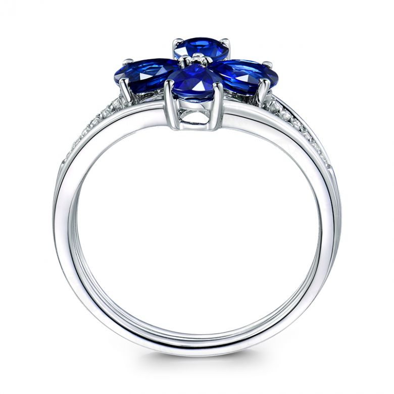 Bague solitaire saphirs fleur et Or blanc. Linéaire diamants - 10