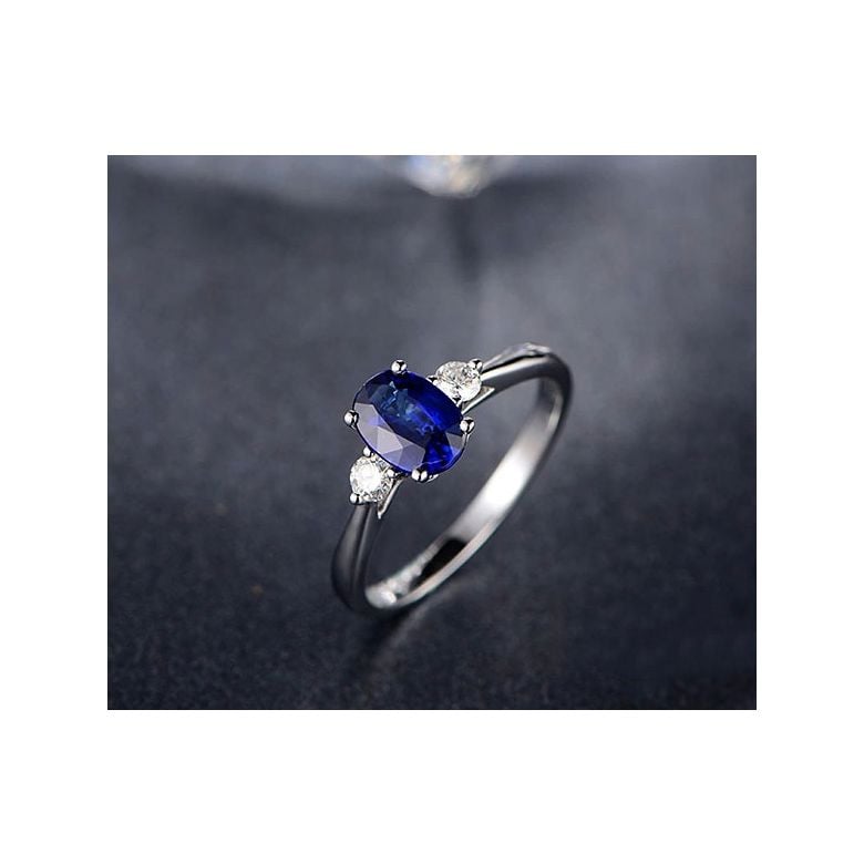 Solitaire trilogie saphir bleu 1 carat avec 2 diamants. Or blanc - 4