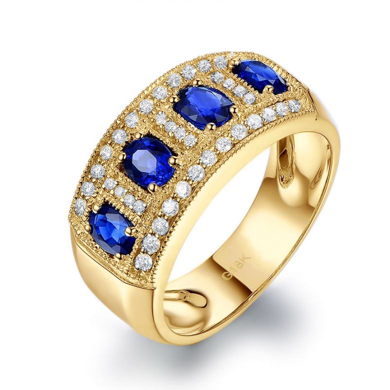 Bague quatuor saphirs. Pavage diamant. Or jaune | Bhagya - 1
