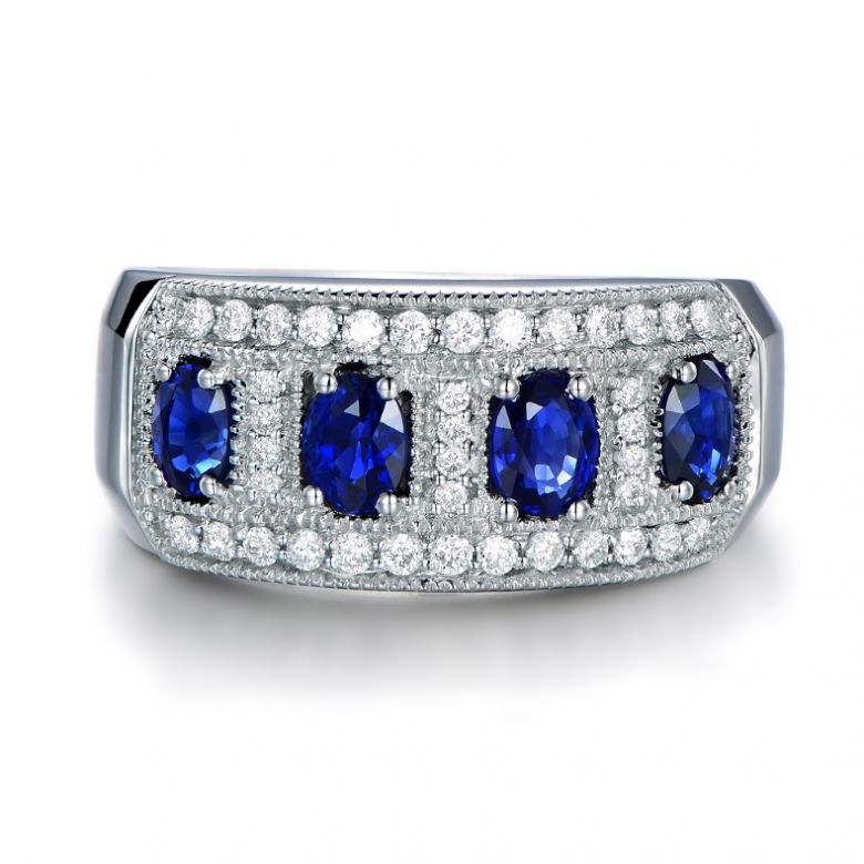 Bague quatuor saphirs. Pavage diamant. Or blanc | Bhagya - 4