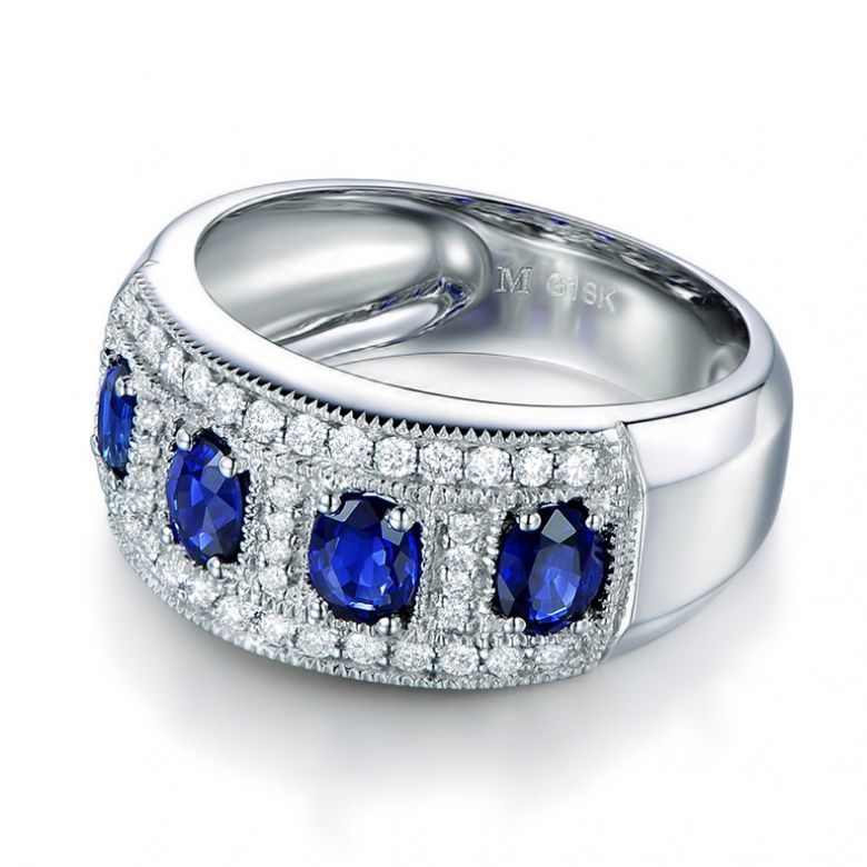 Bague quatuor saphirs. Pavage diamant. Or blanc | Bhagya - 5