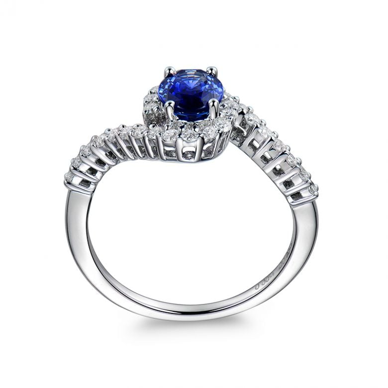 Bague saphir or blanc pavage diamant sinueux - 5