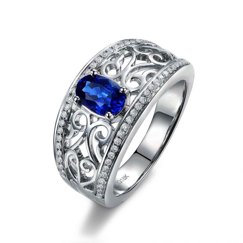 Bague fiançailles saphir 1ct. Or blanc. Motifs brodés dentelles - 1