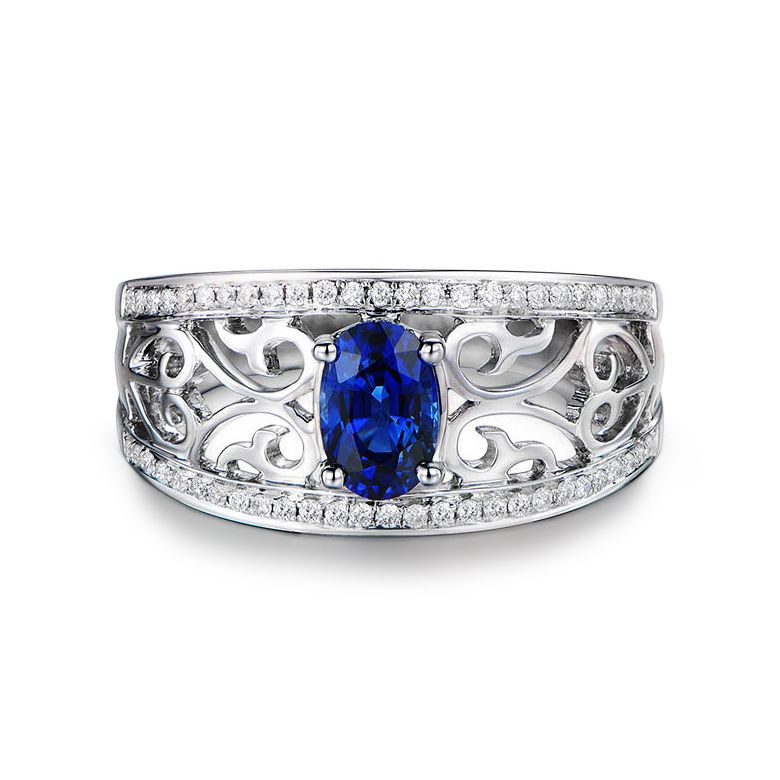 Bague fiançailles saphir 1ct. Or blanc. Motifs brodés dentelles - 8