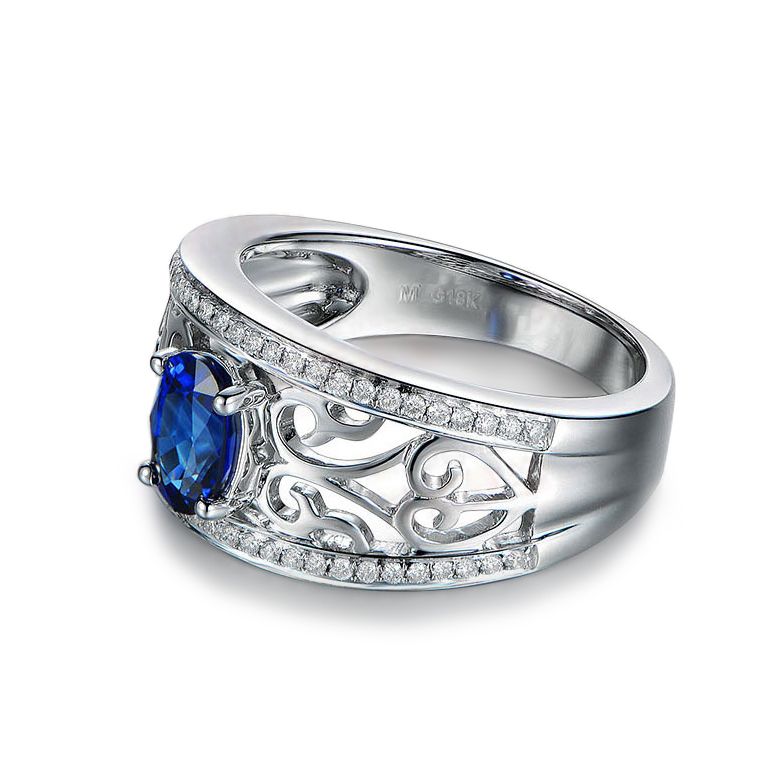 Bague fiançailles saphir 1ct. Or blanc. Motifs brodés dentelles - 9