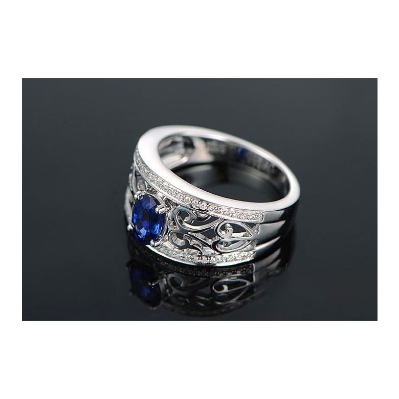Bague fiançailles saphir 1ct. Or blanc. Motifs brodés dentelles - 4