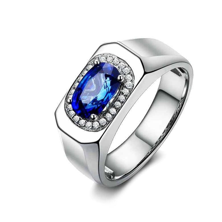 Chevalière Homme Or blanc.  Saphirs, diamants 2.17ct - 1