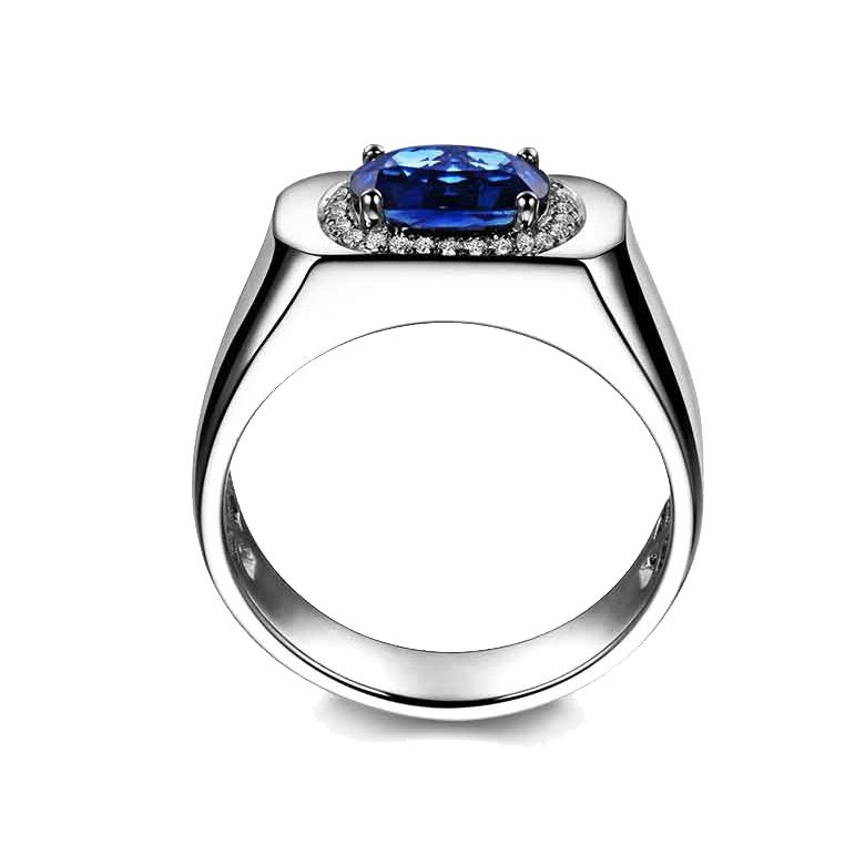 Chevalière Homme Or blanc.  Saphirs, diamants 2.17ct - 6