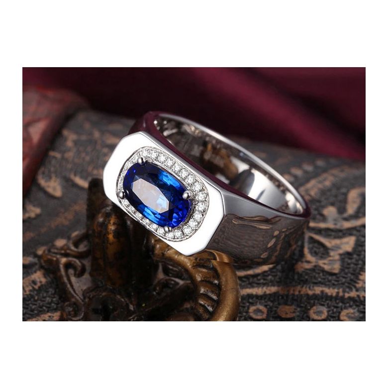 Chevalière Homme Or blanc.  Saphirs, diamants 2.17ct - 3
