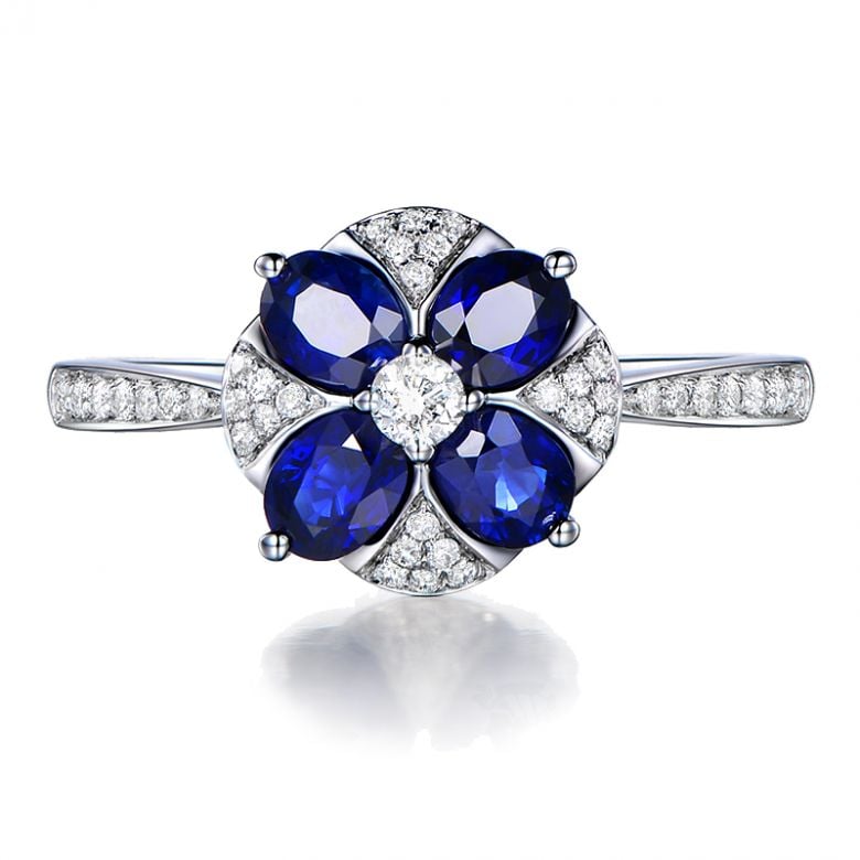Bague solitaire fleur bleue. Or blanc, saphirs et diamants - 8