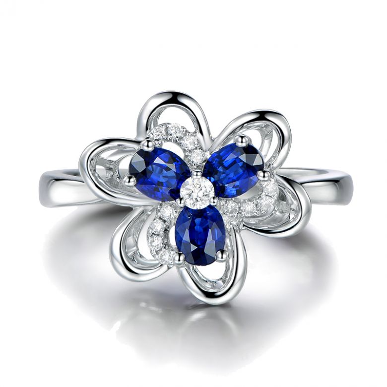 Bague fleur Or blanc fleur anémone. Diamants, saphirs - 6