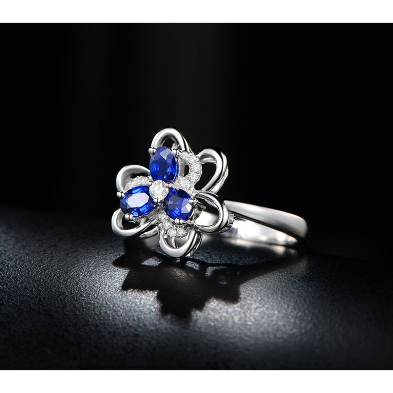 Bague fleur Or blanc fleur anémone. Diamants, saphirs - 5