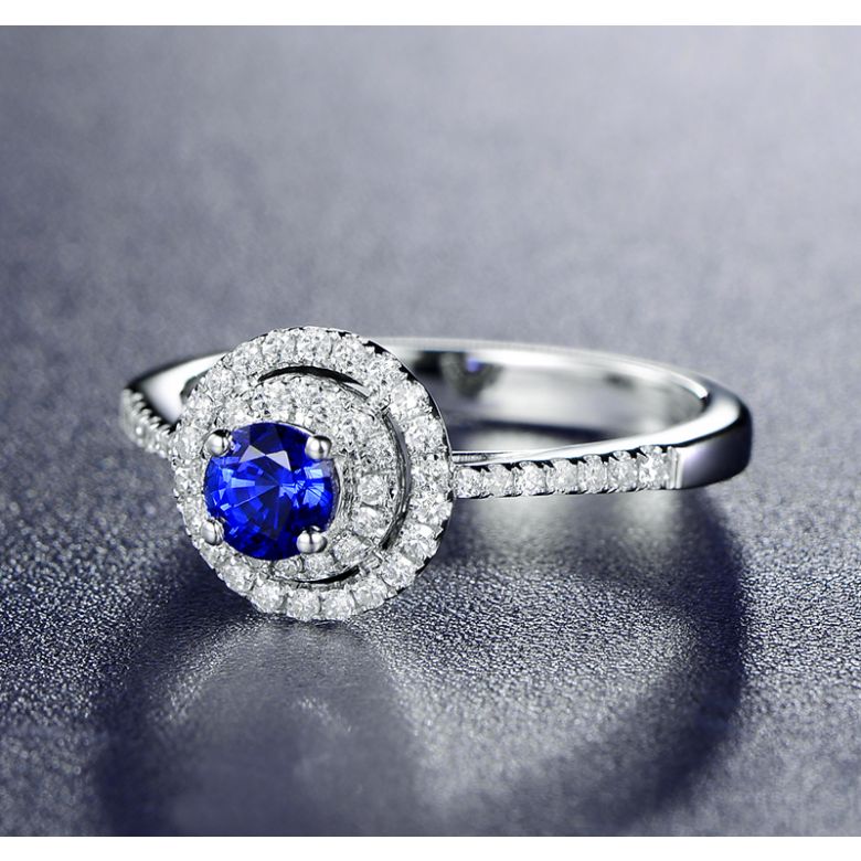 Bague sertissage virtuose Or blanc, diamants et saphir 0.50ct - 3