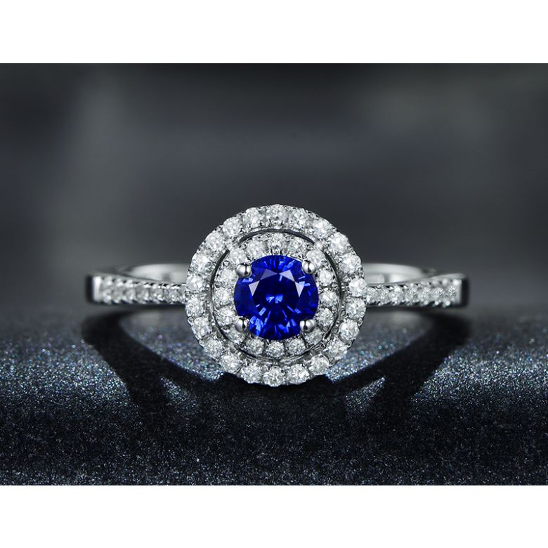 Bague sertissage virtuose Or blanc, diamants et saphir 0.50ct - 9