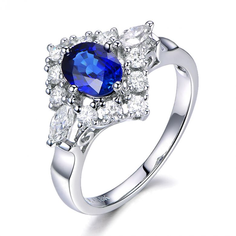 Bague fiançailles saphir diamants et or blanc.  - 1