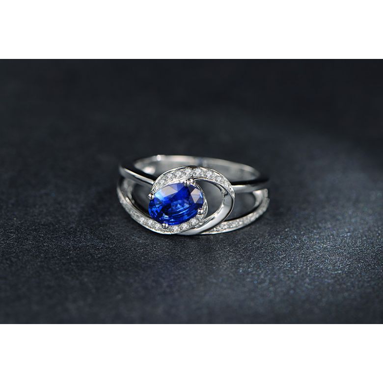 Bague de fiançailles saphir ovale 1 carat. Diamant, Or blanc - 8