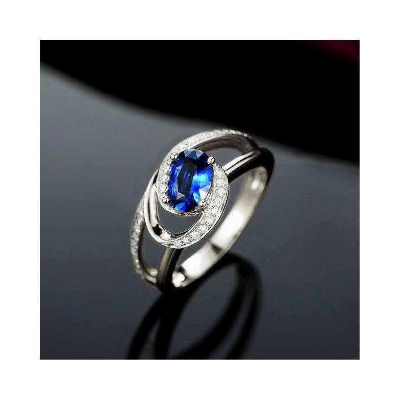 Bague de fiançailles saphir ovale 1 carat. Diamant, Or blanc - 1