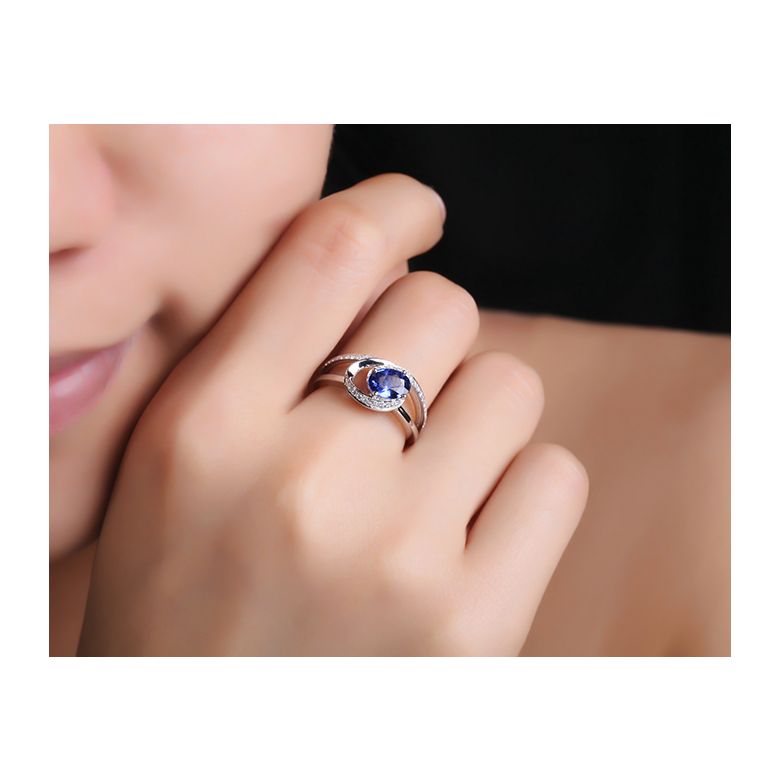 Bague de fiançailles saphir ovale 1 carat. Diamant, Or blanc - 3