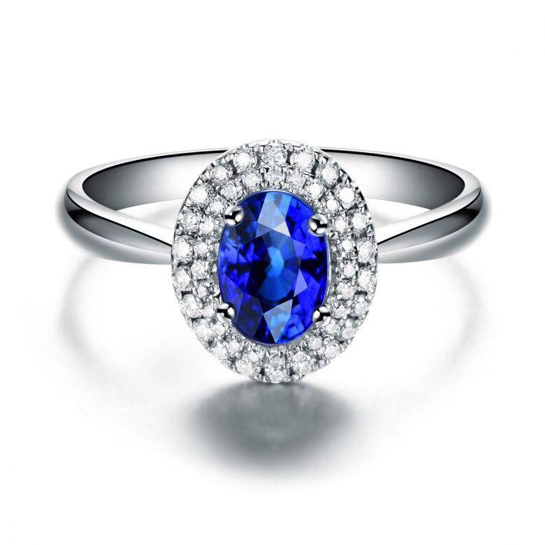 Bague de fiançailles ovale. Or blanc, saphir 0.50ct et diamants - 5