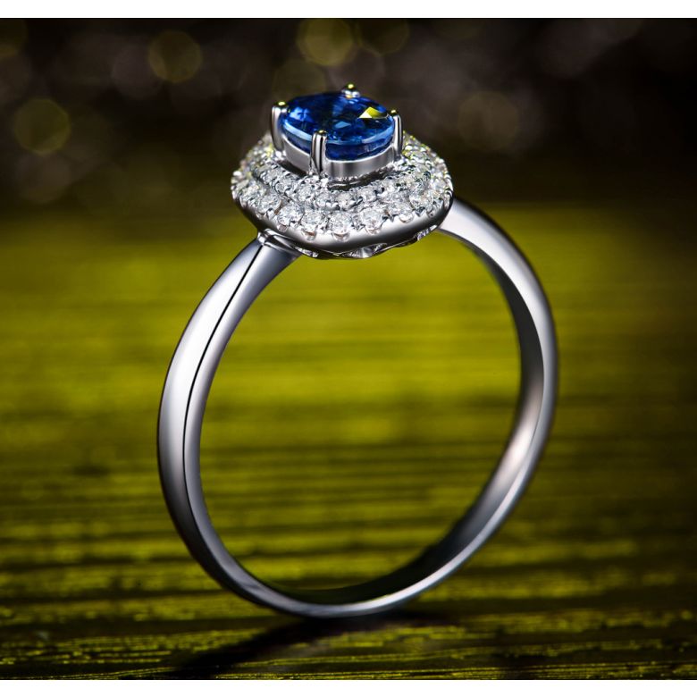 Bague de fiançailles ovale. Or blanc, saphir 0.50ct et diamants - 3