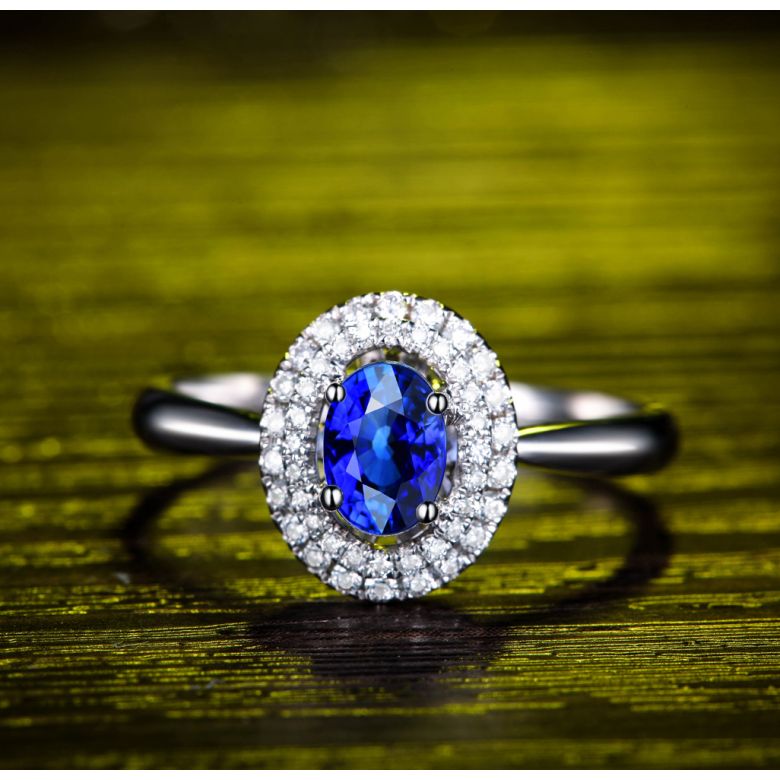 Bague de fiançailles ovale. Or blanc, saphir 0.50ct et diamants - 2