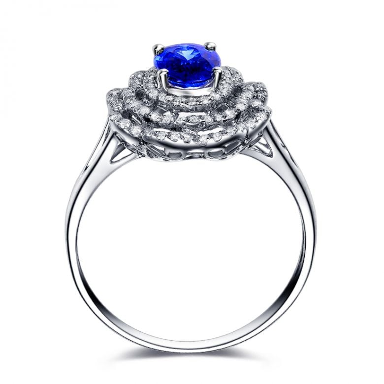 Bague fiancailles saphir bleu diamants. Or blanc, fleur éclose - 7