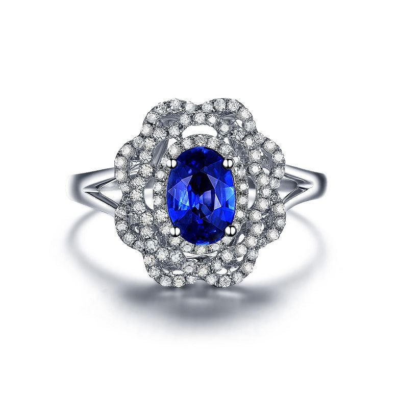 Bague fiancailles saphir bleu diamants. Or blanc, fleur éclose - 8