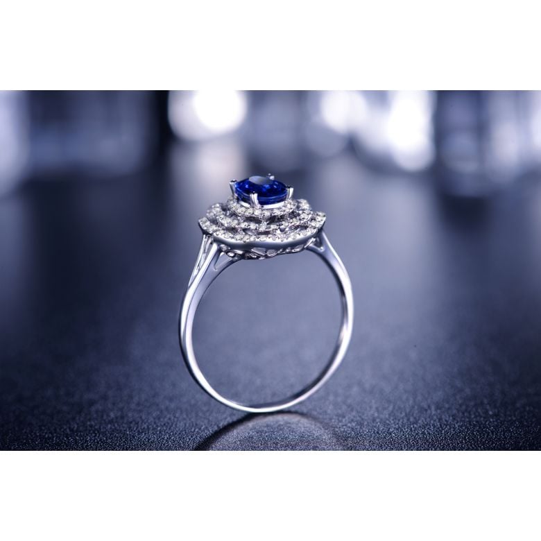 Bague fiancailles saphir bleu diamants. Or blanc, fleur éclose - 5