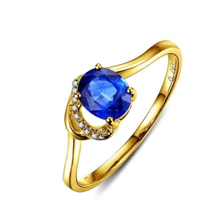 Bague Solitaire - Saphir et Diamants - Or jaune 18 carats - 3