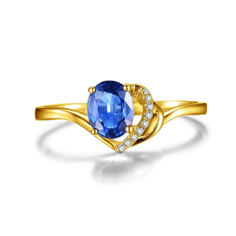 Bague Solitaire - Saphir et Diamants - Or jaune 18 carats - 1