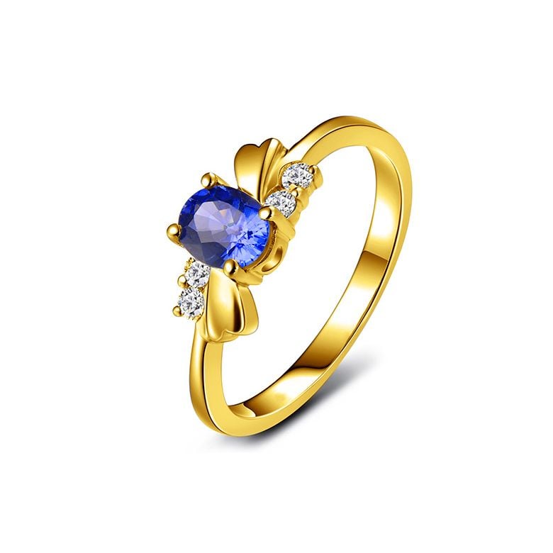 Bague saphir solitaire - Or jaune 18 carats - Sertissage diamants - 1