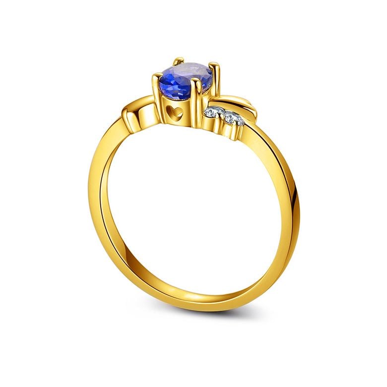 Bague saphir solitaire - Or jaune 18 carats - Sertissage diamants - 2