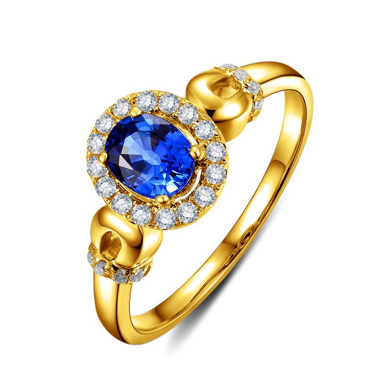 Solitaire en Saphir et Diamants - Bague en Or jaune 18 carats - 2